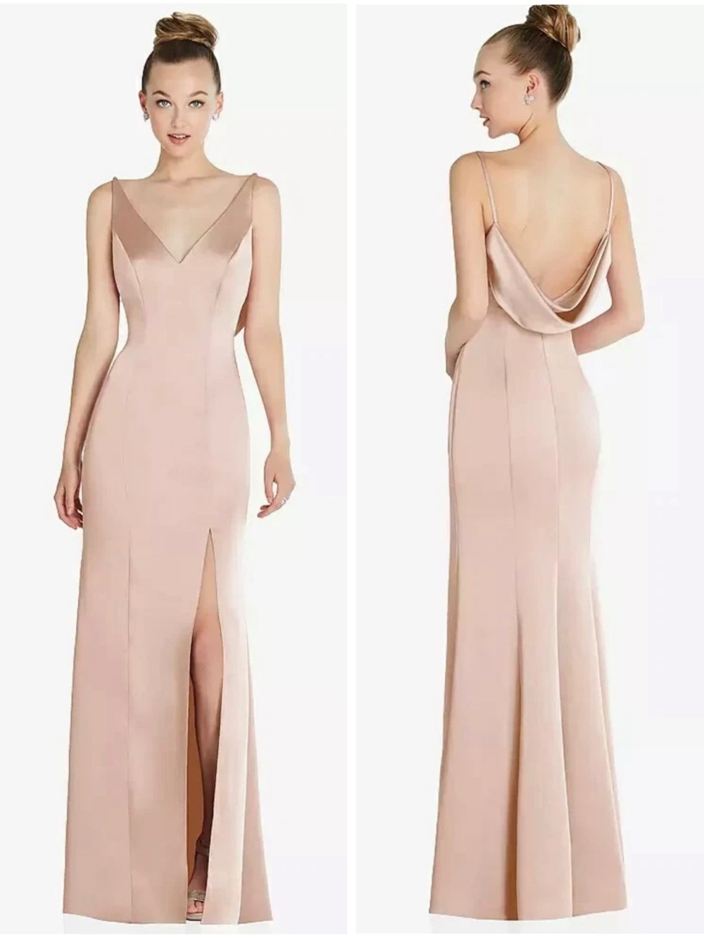 Dessy After Six Draped COWL-BACK Princess Line Dress FRONT SLIT in Cameo Size 4